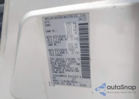 2013 Infiniti Jx35 z USA, uszkodzony, nr VIN 5N1AL0MM2DC345023